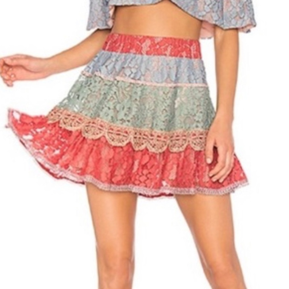 Alexis Multi-Colored Lace Mixed-Media Flare Mini Skirt - Picture 2 of 10